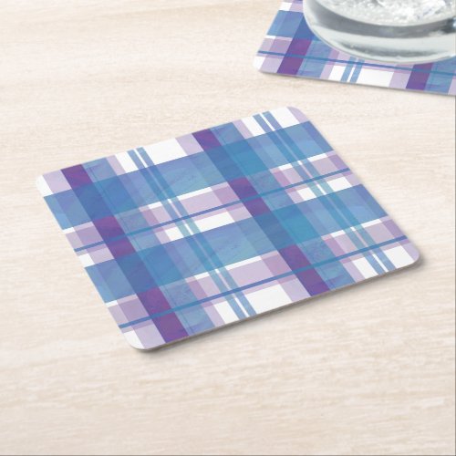 Madras Plaid Blue and Purple Square Paper Coaster