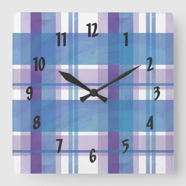 Madras Plaid Blue and Purple Square Wall Clock (Front)
