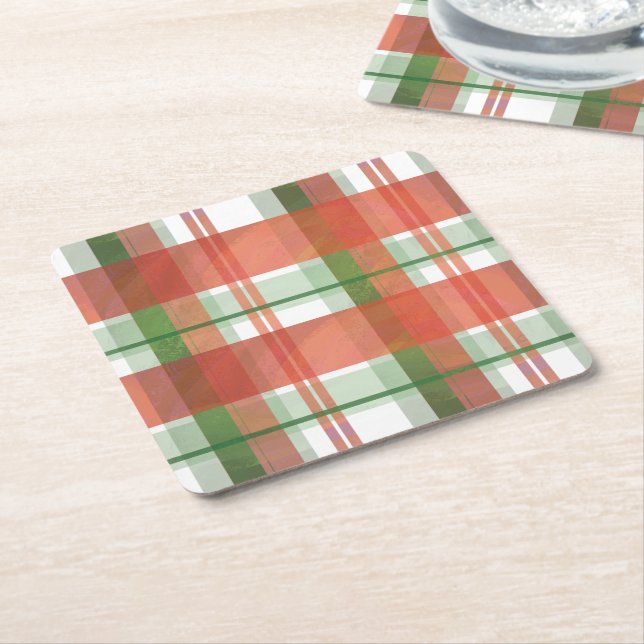Madras Plaid Christmas Square Paper Coaster (Angled)