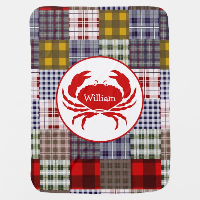 Madras Plaid + Crab Personalized Baby Blanket (Front)