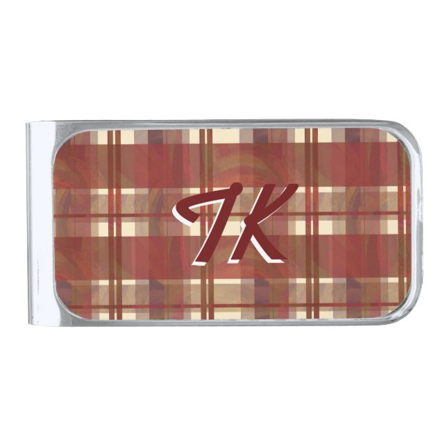 Madras Plaid Fall Red Silver Finish Money Clip (Front)