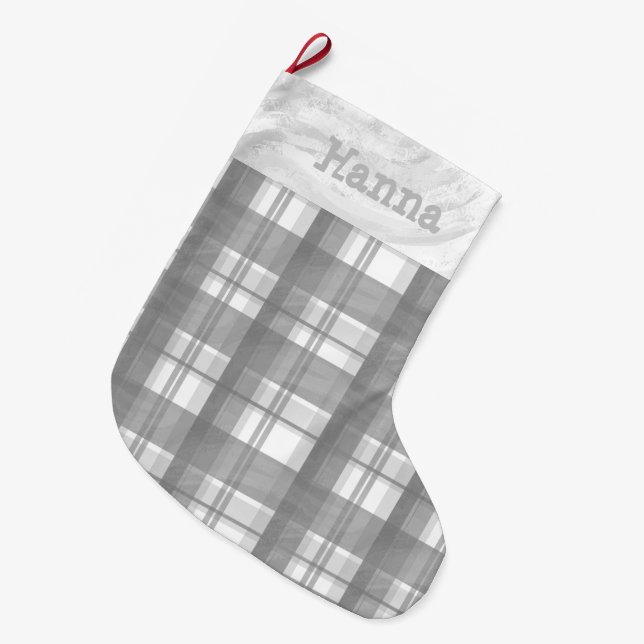 Madras Plaid Gray Large Christmas Stocking (Front (Hanging))