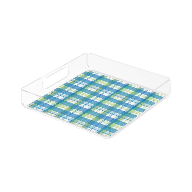Madras Plaid Green and Blue Acrylic Tray (Angled)