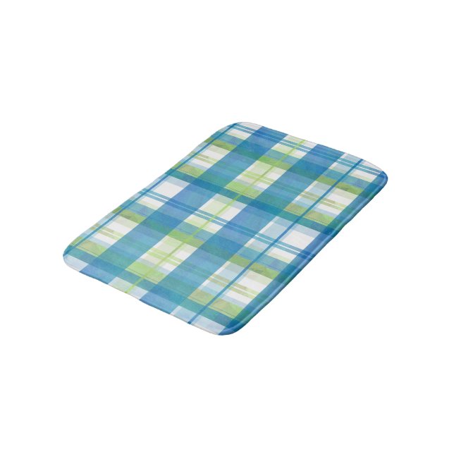 Madras Plaid Green and Blue Bathroom Mat (Angled)