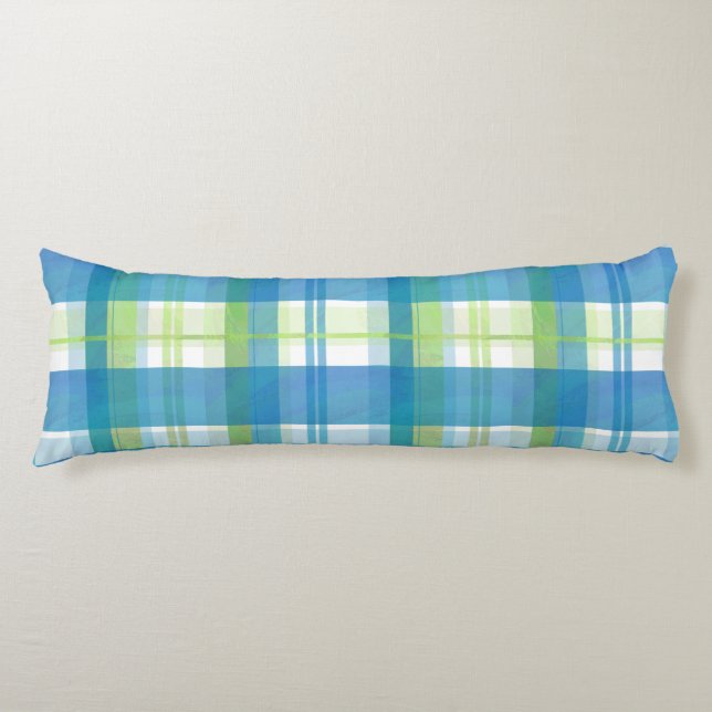 Madras Plaid Green and Blue Body Pillow (Front)