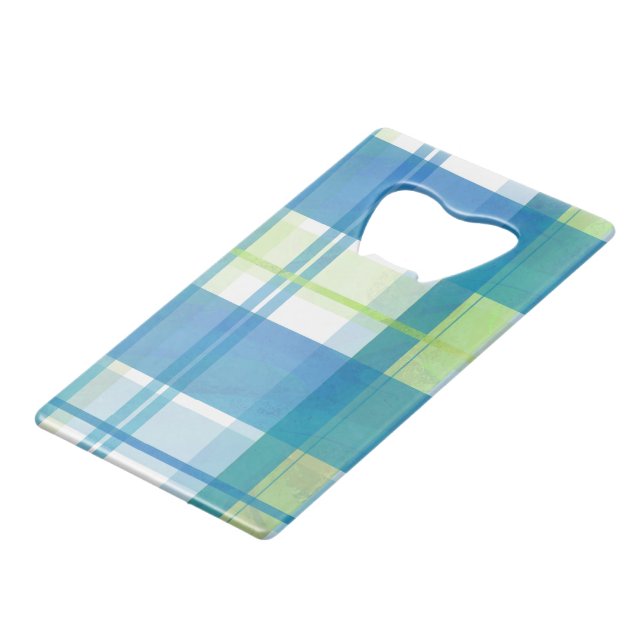 Madras Plaid Green and Blue Credit Card Bottle Opener (Back Angled)