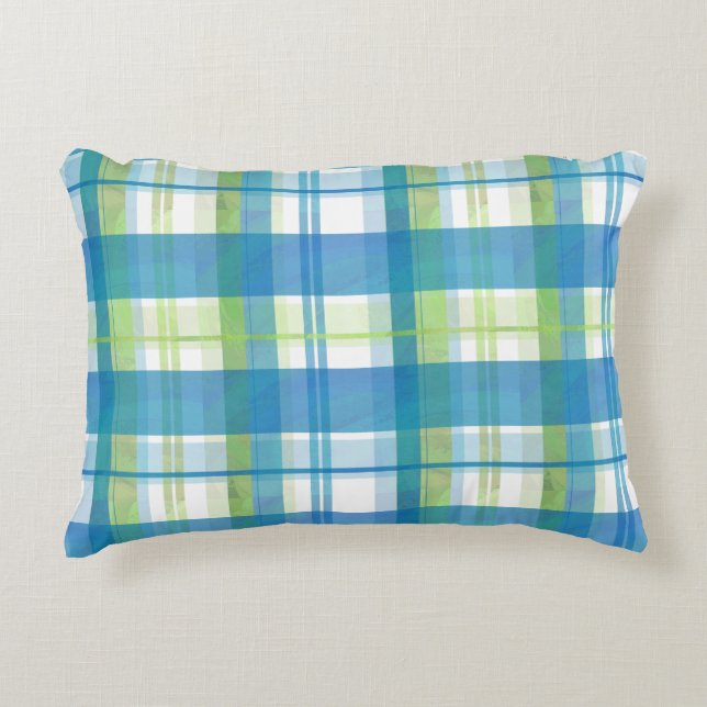 Madras Plaid Green and Blue Decorative Pillow (Front)