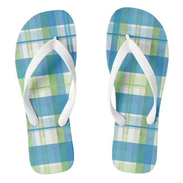 Madras Plaid Green and Blue Flip Flops (Footbed)