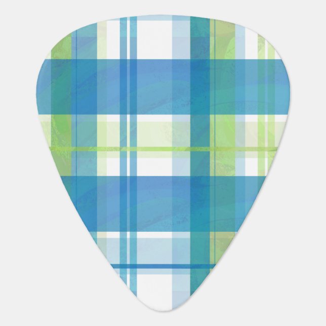 Madras Plaid Green and Blue Guitar Pick (Front)