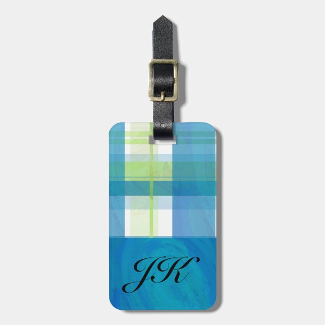Madras Plaid Green and Blue Luggage Tag (Front Vertical)