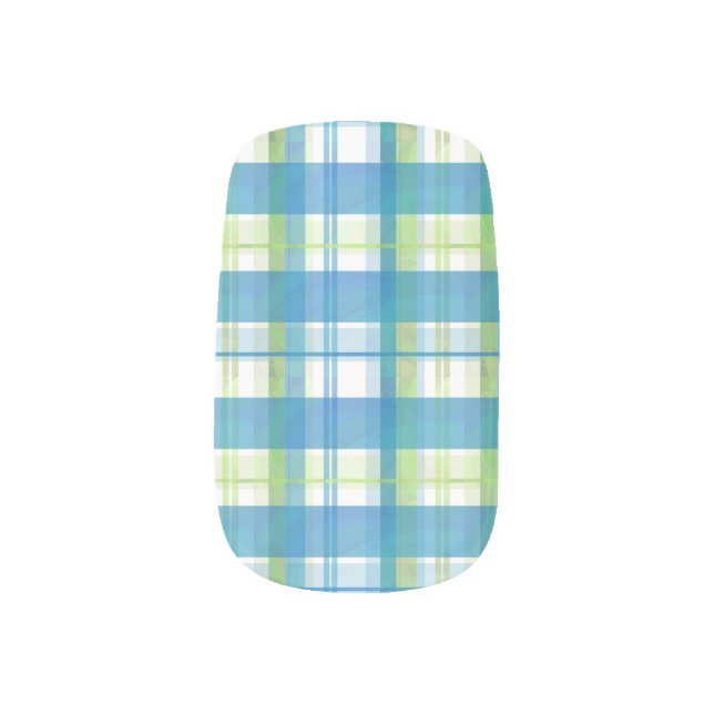 Madras Plaid Green and Blue Minx Nail Art (Left Thumb)