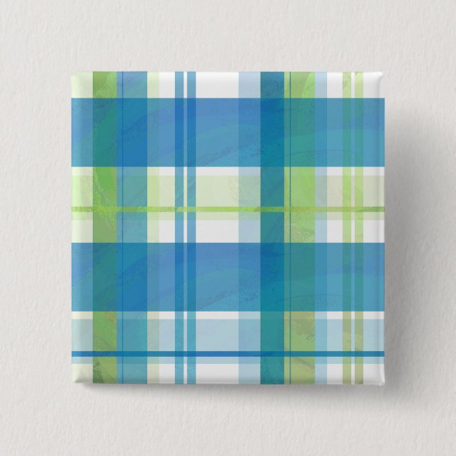 Madras Plaid Green and Blue Pinback Button (Front)