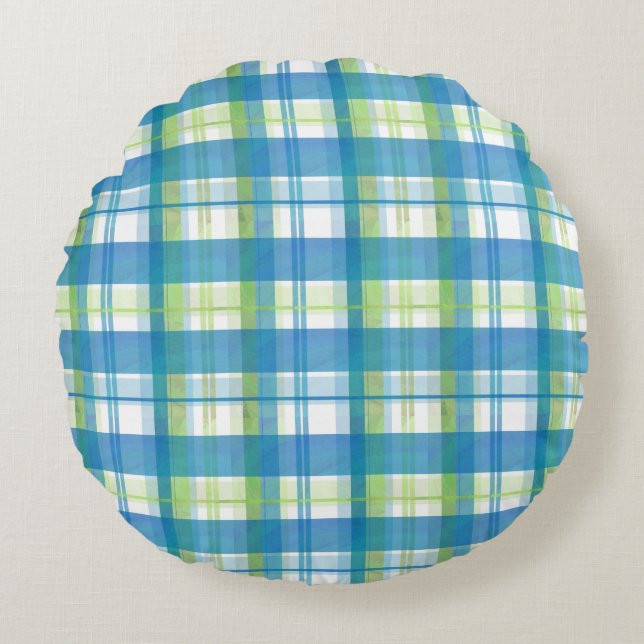Madras Plaid Green and Blue Round Pillow (Front)