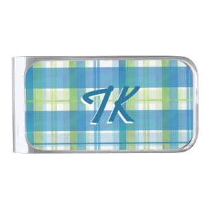Madras Plaid Green and Blue Silver Finish Money Clip