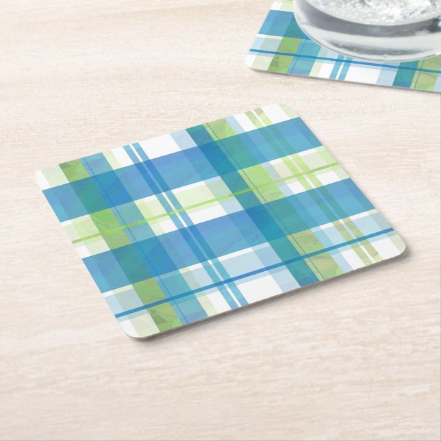 Madras Plaid Green and Blue Square Paper Coaster (Angled)