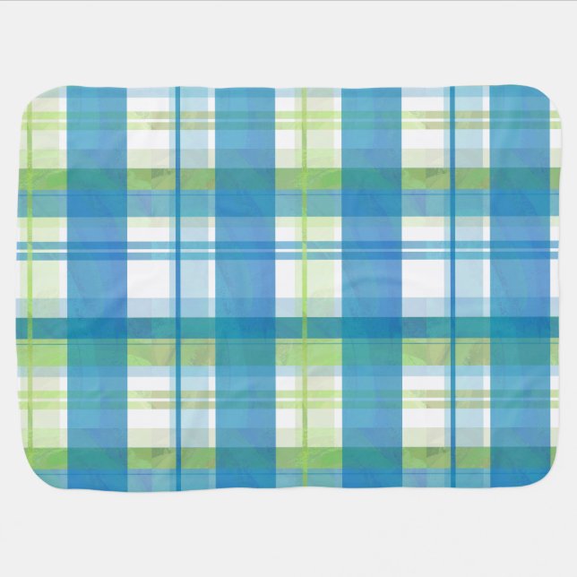 Madras Plaid Green and Blue Swaddle Blanket (Horizontal)
