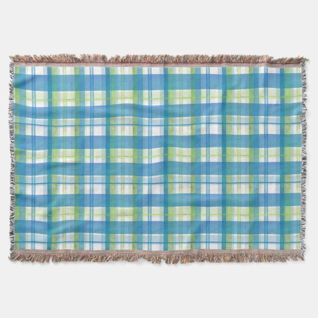 Madras Plaid Green and Blue Throw Blanket (Front)