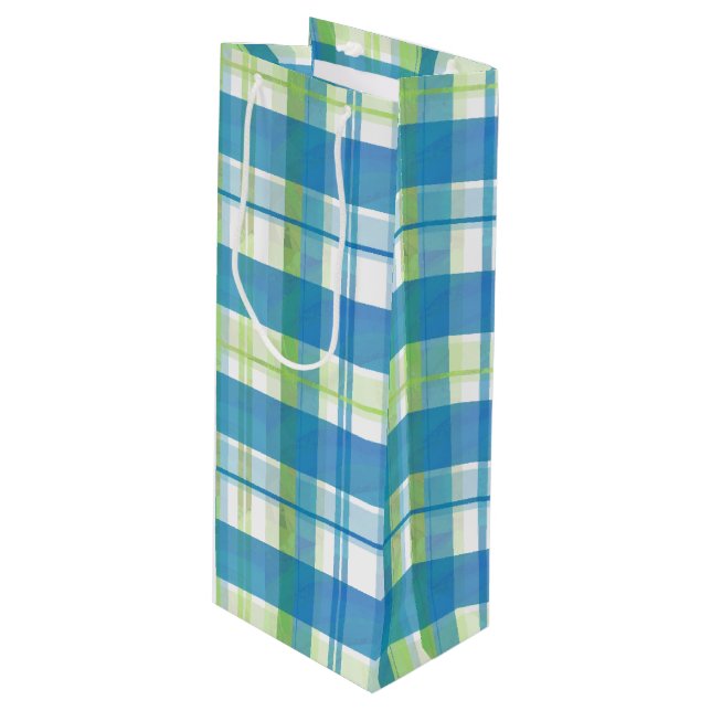 Madras Plaid Green and Blue Wine Gift Bag (Front Angled)