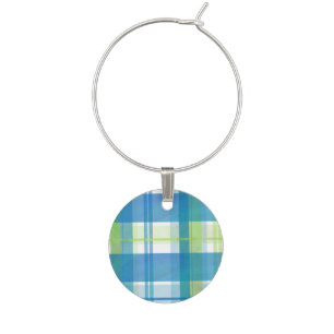 Madras Plaid Green and Blue Wine Glass Charm