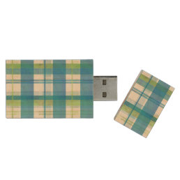 Madras Plaid Green and Blue Wood USB Flash Drive
