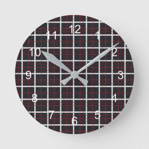 Madras Plaid in Black Gray and Red Round Clock