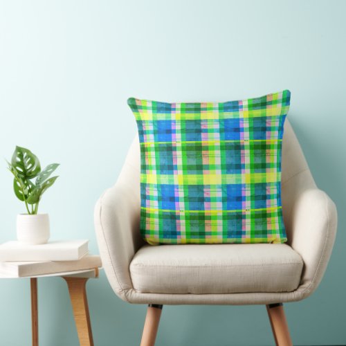 Madras Plaid in Bright Tropical Blues and Greens  Throw Pillow