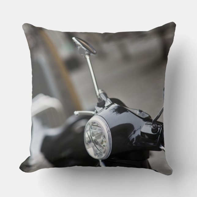 Madrid, black Vespa scooter Throw Pillow (Front)
