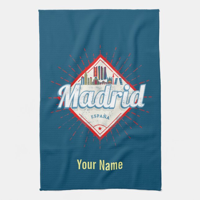 Madrid Capital Spain Retro Skyline Vintage Kitchen Towel (Vertical)