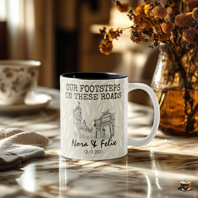 Madrid skyline couple — beige leaf background Two-Tone coffee mug (Creator Uploaded)