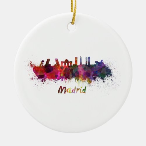 Madrid skyline in watercolor ceramic ornament