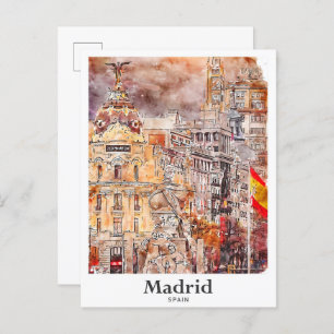 Madrid Spain Art Travel Watercolor Hand Drawn Postcard