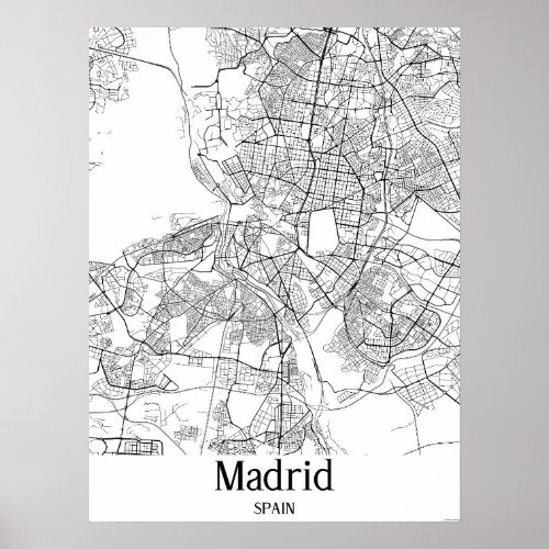 Madrid Spain Black and White City Map Poster