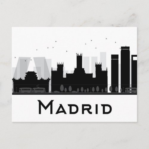 Madrid Spain  Black  White City Skyline Postcard