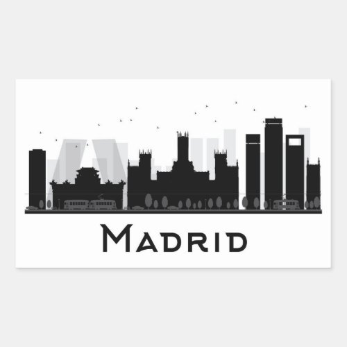 Madrid Spain  Black  White City Skyline Rectangular Sticker