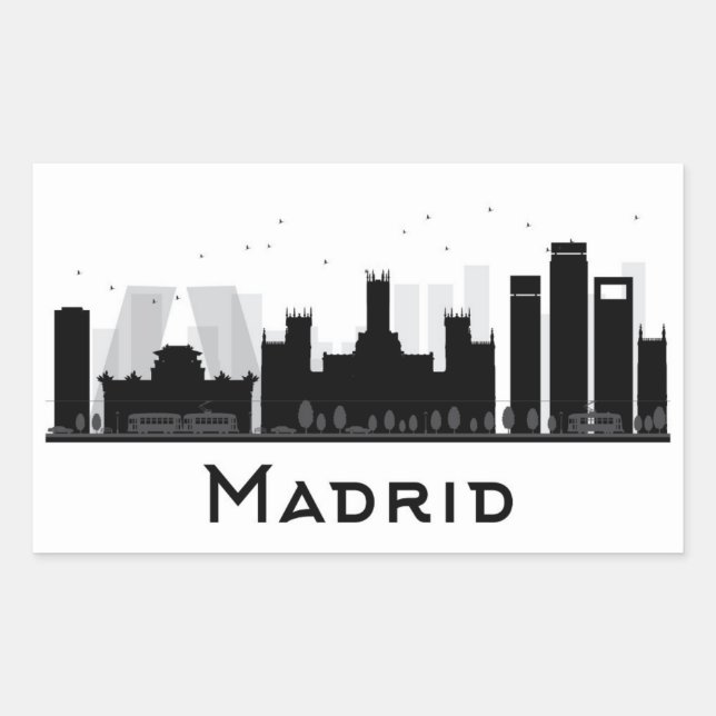 Madrid, Spain | Black & White City Skyline Rectangular Sticker (Front)