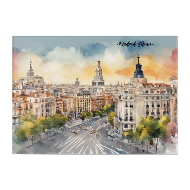 Madrid Spain City Silhouette Watercolor Painting Acrylic Print (Front)