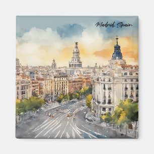 Madrid Spain City Silhouette Watercolor Painting Magnet