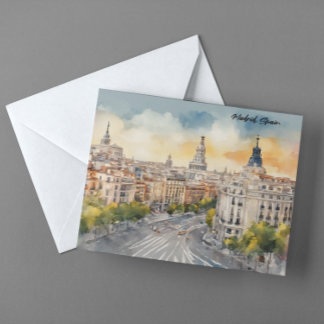 Madrid Spain City Silhouette Watercolor Painting Postcard