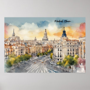 Madrid Spain City Silhouette Watercolor Painting Poster