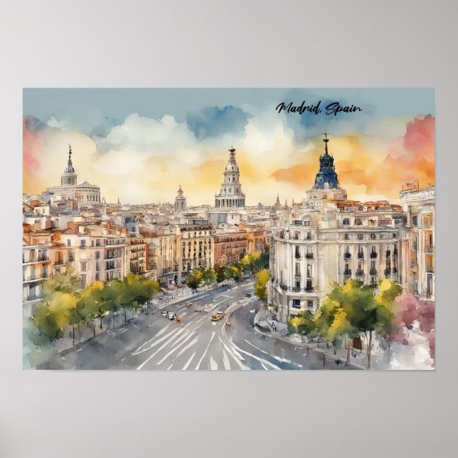Madrid Spain City Silhouette Watercolor Painting Poster (Front)