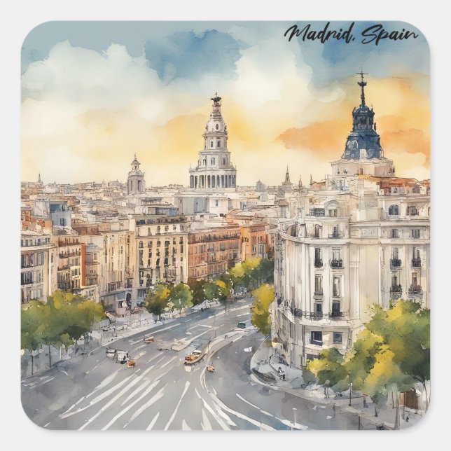Madrid Spain City Silhouette Watercolor Painting Square Sticker (Front)