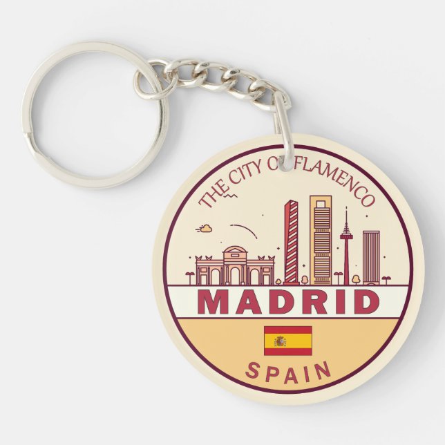 Madrid Spain City Skyline Emblem Keychain (Front)