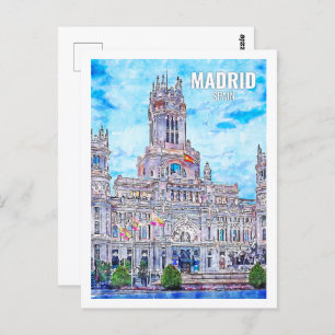 Madrid Spain Famous Travel Place Watercolor Postcard