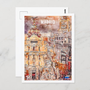 Madrid Spain Famous Travel Place Watercolor Sketch Postcard