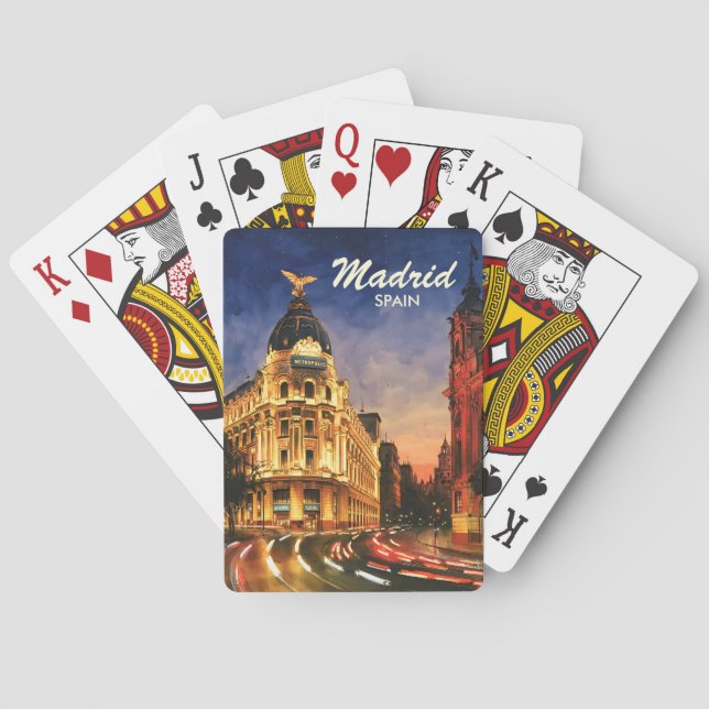 Madrid Spain Gran Via Night Watercolor Cityscape Poker Cards (Back)