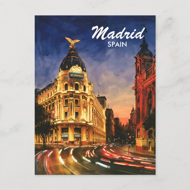 Madrid Spain Gran Via Night Watercolor Cityscape Postcard (Front)
