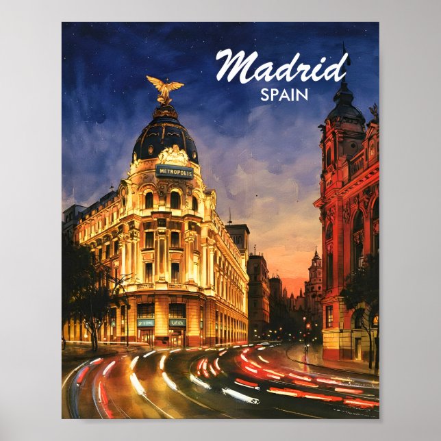 Madrid Spain Gran Via Night Watercolor Cityscape Poster (Front)