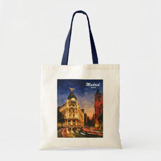 Madrid Spain Gran Via Night Watercolor Cityscape Tote Bag