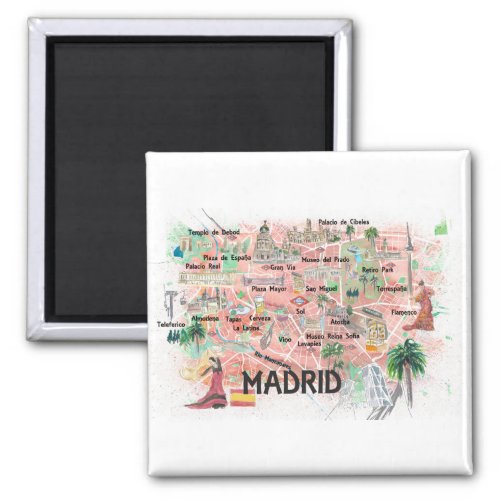 Madrid Spain Illustrated Map with Main Roads Magnet