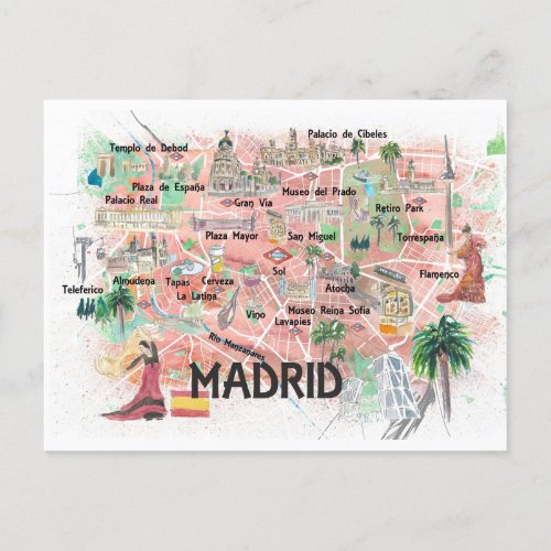 Madrid Spain Illustrated Travel Map with Roads  Postcard